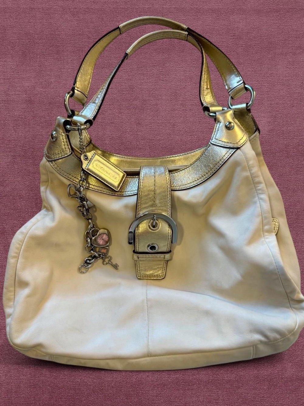 Vintage Y2K Coach SoHo Hobo Bag Cream & Metallic Gold
